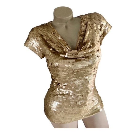 Gold Sequin Cap Sleeve Top w Stretch - Picture 5 of 9